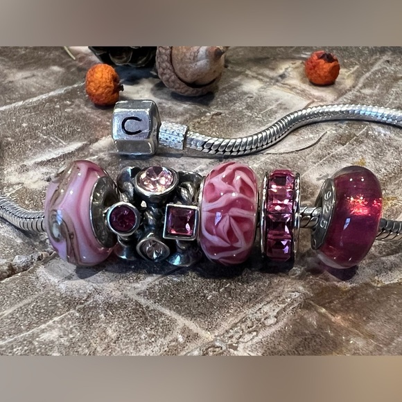 New Authentic Chamilia Swarovski Fuchsia Flames Murano Bead Fuchsia Pink White - Picture 2 of 4